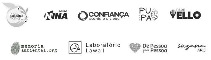 Logos de clientes: Rede de Sementes do Xingu, Posto Nina, Confiança Alumínio e Vidro, PUPA, Rede Ello, Memória Ambiental, Laboratório Lawall, De Pessoa pra Pessoa, Suzana Arq.